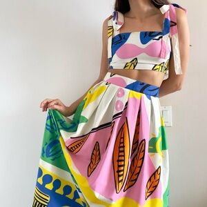 Commense | Boho graffiti multi color top & maxi skirt set | Size S | NWT